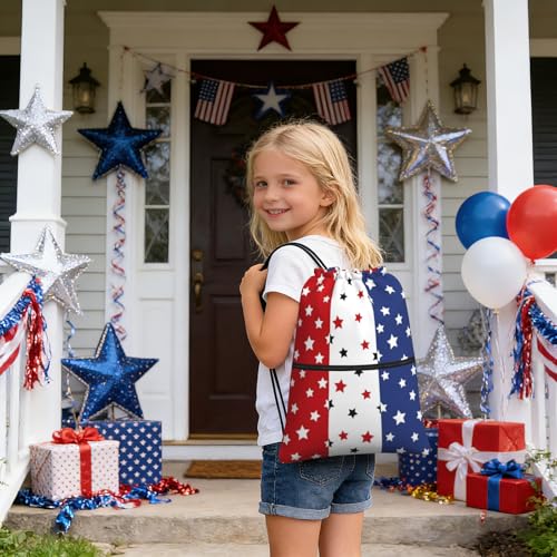 Image of July 4th Red Blue Stars Drawstring Bag, Independence Day Memorial Day Waterproof Drawstring Bckpack for Gym Sports, Red Blue Women Men Sackpack Bag with Front Zipper Pocket and Inside Zipper Pocket