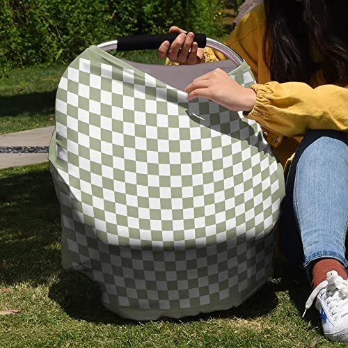 Image of Sage Green Car Seat Covers for Babies, Nursing Breastfeeding Covers Stretchy Breathable Baby Carseat Canopy Cover for Girls and Boys Shower Gifts Modern Minimalism Checkered Plaid