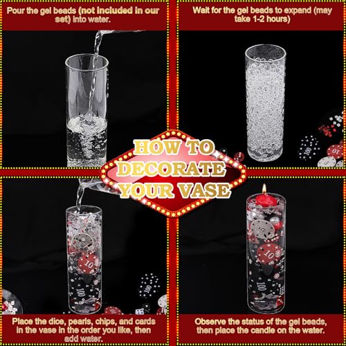 465 PCS Casino Theme Vase Filler Floating Centerpiece Decor with Dice, Poker Chips, Pearls, Mini Playing Cards & Chips – Red, Black & White Party Decorations for Casino Night, Wedding, Vegas Events - Image 6