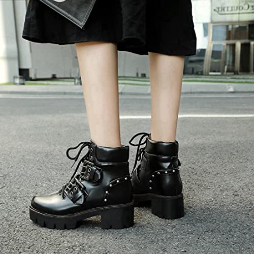 VOKLIN Women's Fashion Buckle Lace Up Dressy Ankle Boots Round Toe Platform Chunky Mid Heel Combat Short Bootie4