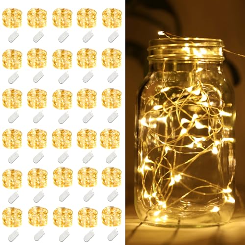 30 Pack Fairy Lights Battery Operated String Lights,7ft 20 LED Silver Wire Warm White for Wedding,Party,DIY Crafts,Mason Jars,Centerpieces Table Decorations
