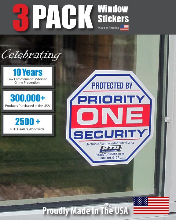 Ready To Defend 3-Pack Decals - Priority One Home Security - 4.25" x 4.25" Home Security Window Sticker Crime Deterrent ADT Brinks Security No Soliciting Alarm