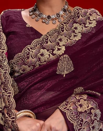 Image of SIRIL Women's Shimmer Chiffon Sequence Embroidery Saree With Unstitched Blouse Piece for Wedding and Parties
