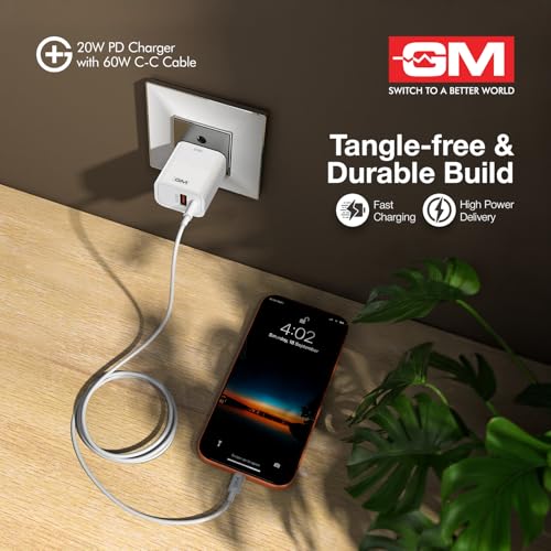 Image of GM G+ 20W PD Fast Charger with 60W Type-C Cable 1M | USB-C Power Delivery Wall Adapter with Fast Charge & Data Sync Cable | Compatible with iPhone, Android, Tablets, Earbuds.