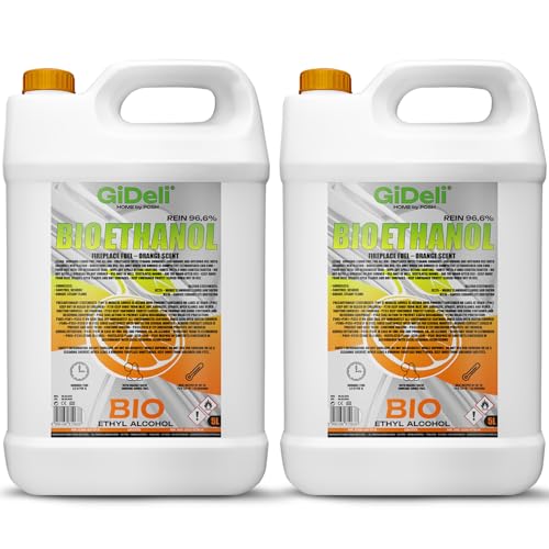 GiDeli Bioetanolo, 2 x 5 l, profumo d'arancia, 96,6% etanolo, per camini interni ed esterni, senza fumo e fuliggine, da mais e barbabietola da zucchero