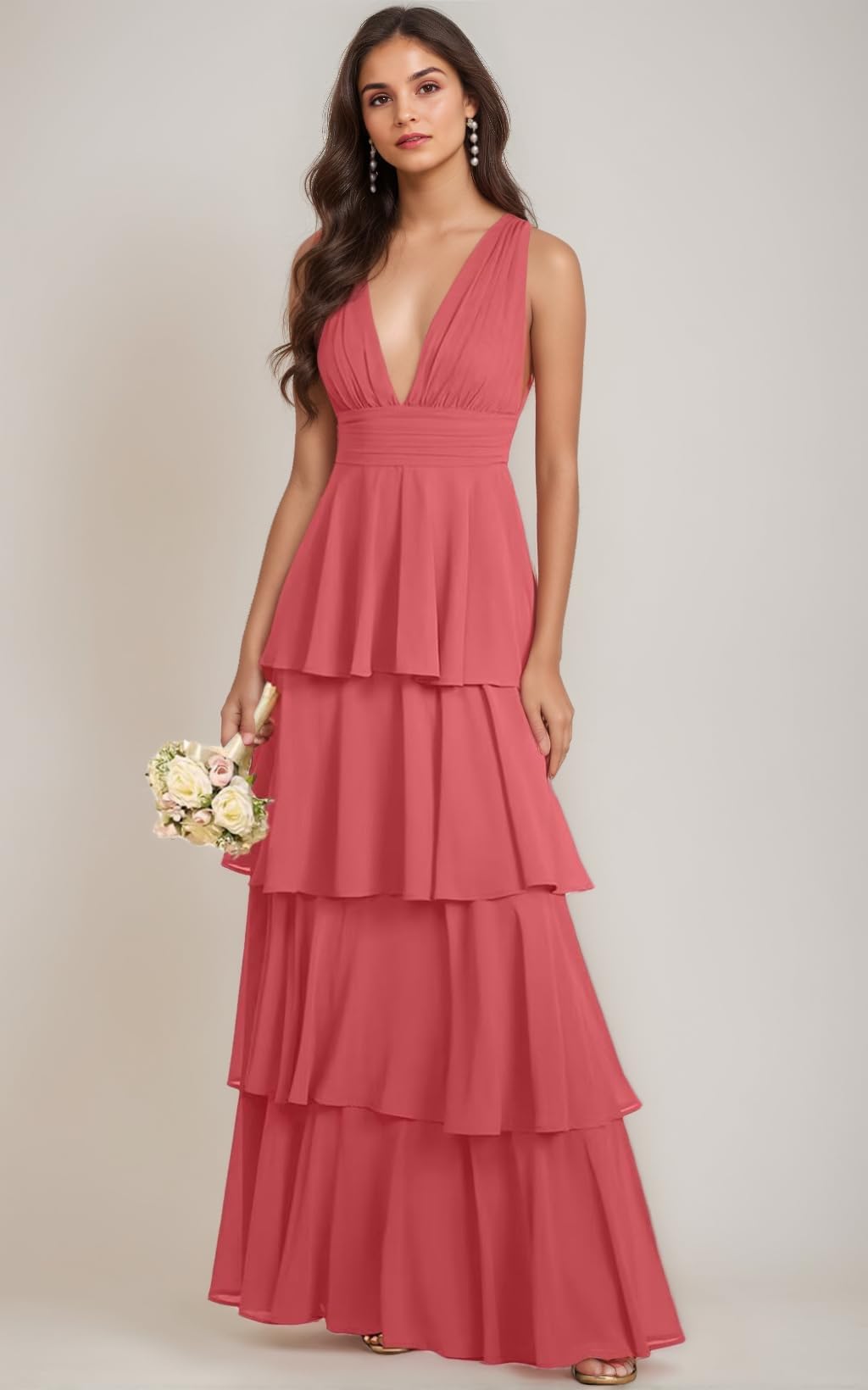Chiffon Abendkleider Elegant für Hochzeit,V-Ausschnitt Gestufte Brautjungfernkleider Lang für Damen Chiffon Rüschen Festliche Kleider für Hochzeitsgäste