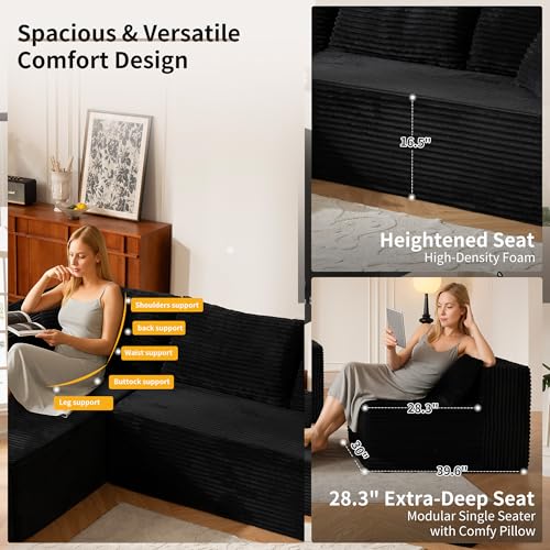 Image of 140 inch Oversized No Assembly Compression Boneless Cloud Sectional Couches for Living Room, L-Shape Comfy Fluffy Sleeper Sofa Bed, Modular Corduroy Reclining Memory Foam Furniture for Bedroom Home Black