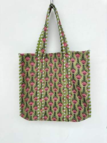 Image of Quilted Cotton Handprinted Reversible Large multicolor Floral Tote Bag,Hand Block Print Shopping Shoulder Carry Bag