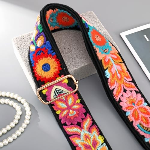 Image of Wide Purse straps Crochet Flower replacement crossbody for Handbag Adjustable Embroidery Knit Guitar Shoulder strap