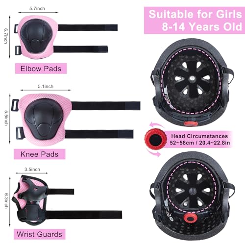 Helmet for Kids 8-14 with Knee Pads and Elbow Pads Set, Kids Bike Helmet with DIY Bow, Adjustable Youth Girls Helmets for Bicycle Scooter Skateboard