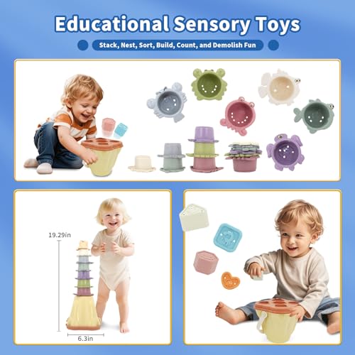 BYFWH Baby Stacking Toy for Toddler 1-3, Toddler Nesting Cup Shape Sorter for Infant 12-18 Month, 4 in 1 Kids Learning Stackable Block for Sand & Bath, Birthday Gift for Girls Boys 1 2 3 - Image 3