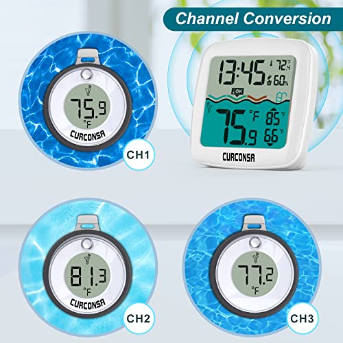 Pool Thermometer Wireless, Curconsa Pool Thermometer Floating Easy Read, Digital Pool Thermometer With Rcc Function, 3 Channels, Remote Pool Thermometer Floating For Swimming Pools, Fishing Pond #TOP3