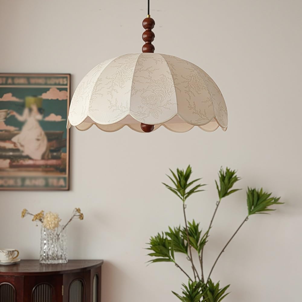 Vintage French Country Scalloped Fabric Pendant Light Fixture Cream White Pleated Shade Brass Wood Accent Adjustable Height for Bedroom Dining Room E27 Base(40cm)