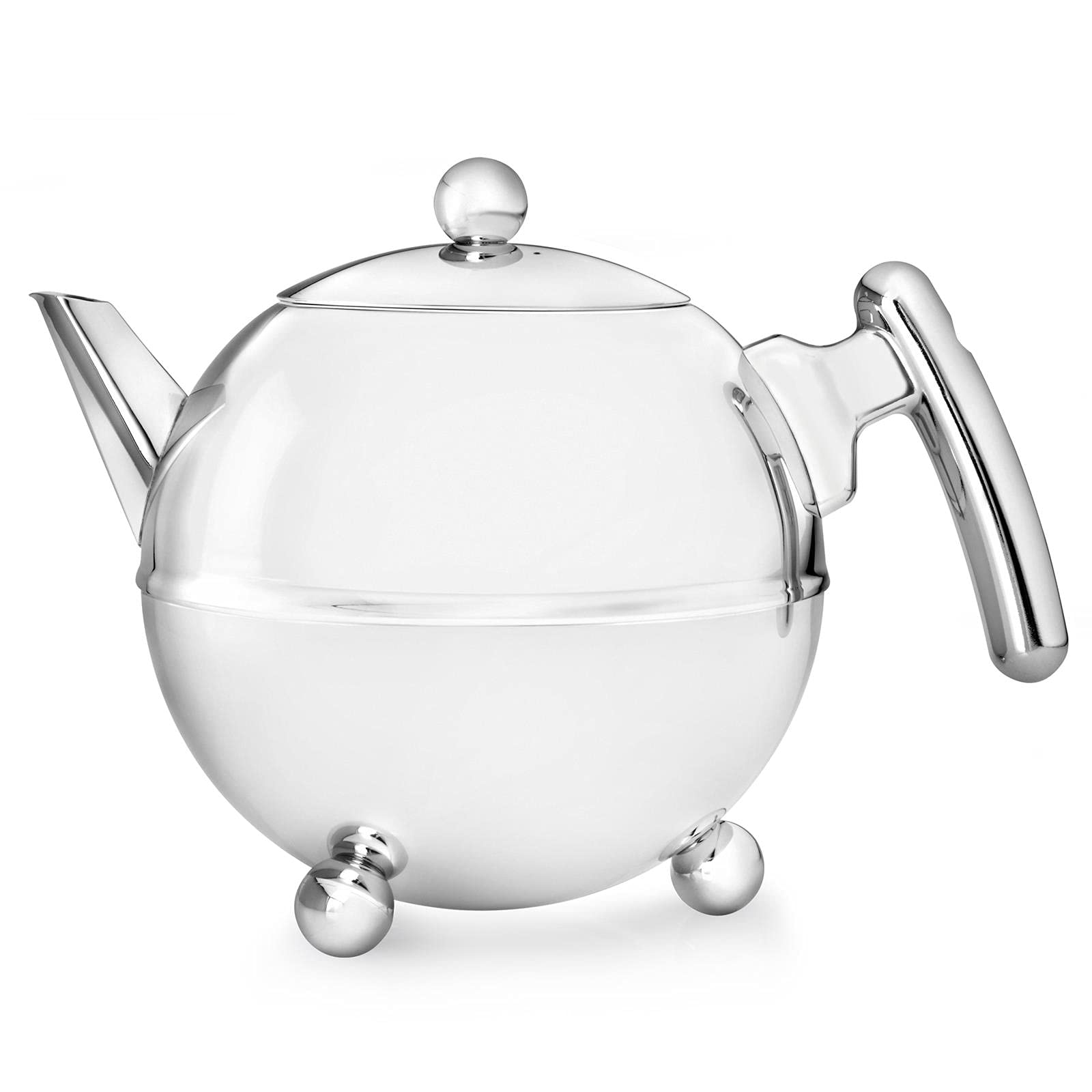 Bredemeijer Bella Ronde Edelstahl-Teekannen-Set 1.2 L - Große doppelwandige Edelstahlkanne in Kugelform mit Füßen, silber - Mit Tee-Filter Sieb-Aufsatz für losen & Blätter-Tee