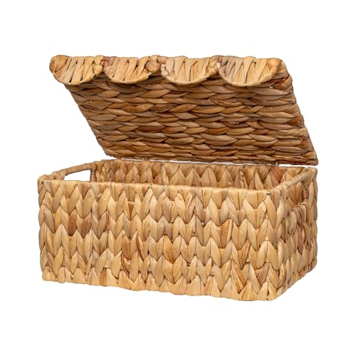 Image of StorageWorks Wicker Basket with Scalloped Edge Lid, Handwoven Water Hyacinth Baskets for Bedroom, Living Room, 13" L x 9 ½" W x 6" H