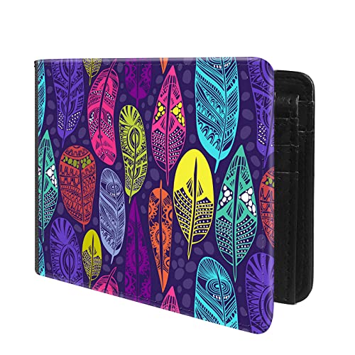 (Neon Feather Pattern-3 Front Pocket Slim Bifold Leather Wallet RFID Blocking with ID Window for Men