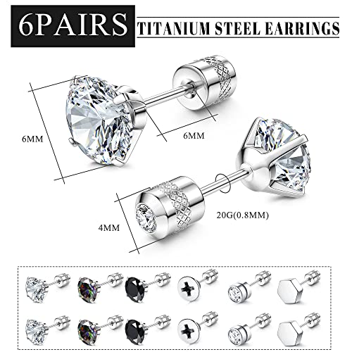 Fibo Steel 6 Pairs Titanium Steel Screw Back Earrings For Women Men, Surgical Stainless Steel Cz Stud Earrings Sleep Hypoallergenic Earring For Sensitive Ears Silver #TOP4