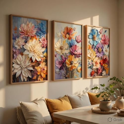 Image of Livin'luxe Colorful Floral Wall Painting Set of 3 with Wooden Frames | Modern Flower Bouquet Artwork HD Sparkle Laminated MDF Wall Decor | Botanical Wall Art for Living Room Bedroom