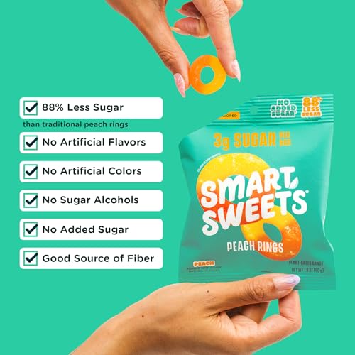 Image of SmartSweets Peach Rings, Low Sugar Gummy Candy, 1.8oz Bags, 12 Pack