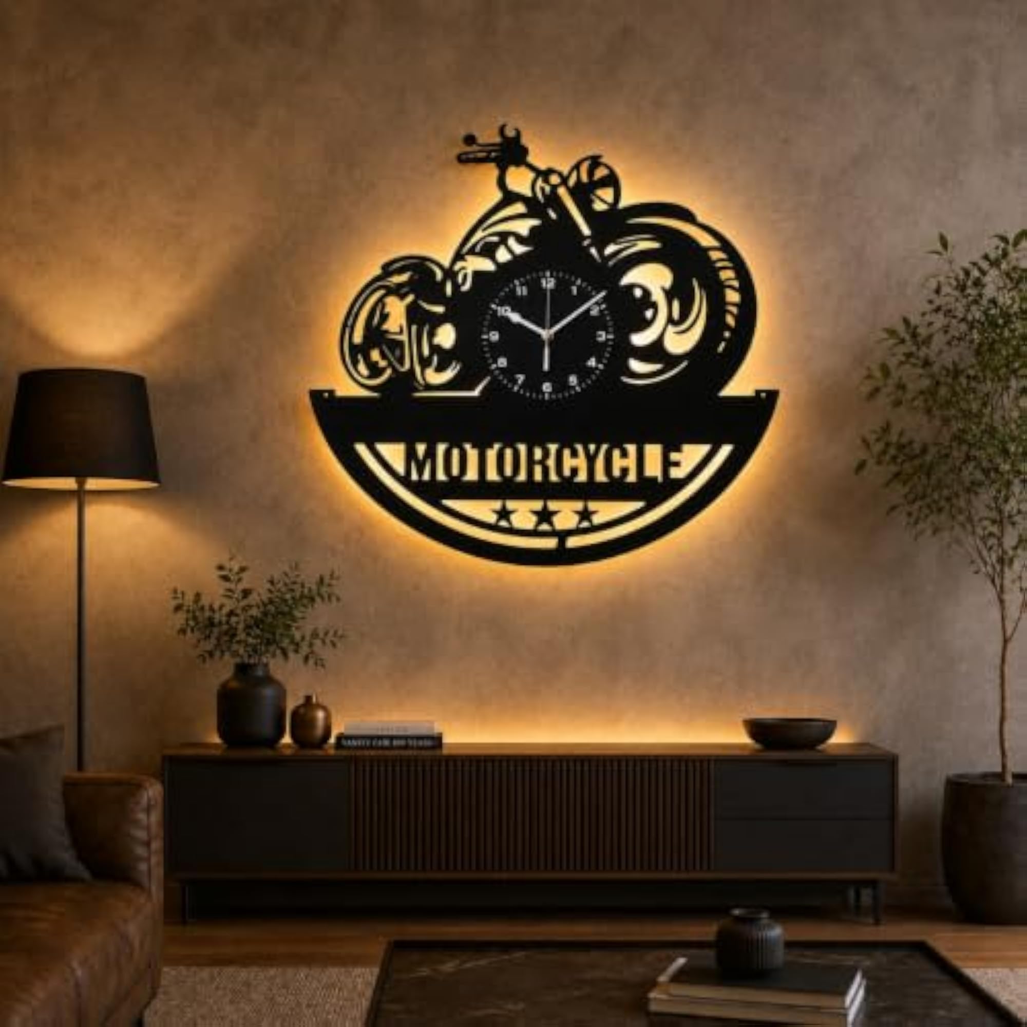 LED Backlit Motorcycle Wall Clock, Laser-Cut Metal Design