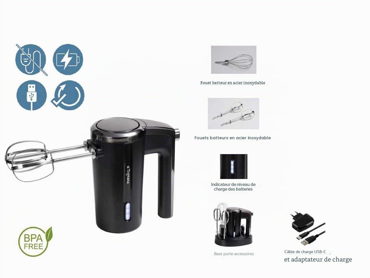 Tognana Batteur sans fil et rechargeable ligne Avantspace Dimensions 16,5 x 26,5 x H 8,5 cm avec accessoires