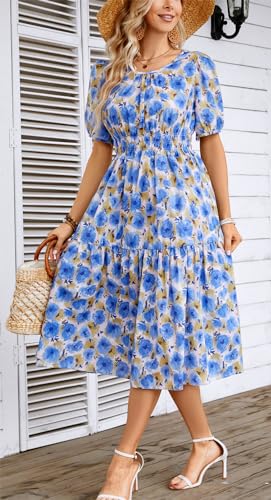 Image of Kormei Women Summer Casual Boho Floral Round Neck Short Sleeve Smocked Waist Tiered Flowy Swing Midi Dress