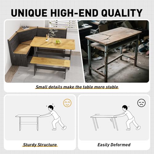 Image of Kitchen Breakfast Nook Table Set - Solid Wood Corner Bench Dining Set for 4-6 People, L Shaped Bench for Dinner Room, Space Saving Kitchen Booth Seating with Table for Small Space, Ink Black
