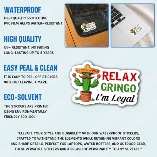 Image of 3Pcs Relax Gringo Im Legal Sticker, Relax Gringo I'm Legal Sticker for Car, Relax Gringo Calcomanias De Mexico Funny Immigrant Calcomanias Mexico Mexican Cactus Stickers for Truck Car Helmet (G4)