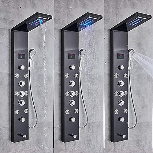 Columna de ducha LED con panel LCD, hidroeléctrica, cascada y tres mandos, color negro miniatura 3