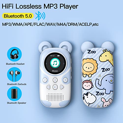 Image of RUIZU 16 GB MP3 Player Children's Bluetooth 5.0 with Headphones Speaker Supports FM Radio, Alarm Clock, One Button Recording, Stopwatch Function (Zoo US)