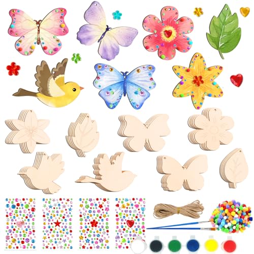 98 Stück Holz Bastelsets Kinder ab 4 5 6 7 8 9 Jahre, Basteln Kindergeburtstag , Kreativ Geschenke für Mädchen, Geburtstag Deko, Geschenkidee Spielzeug, Holzanhänger zum Bemalen, Herbst Kinder