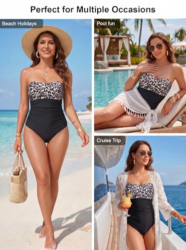 Image of Smismivo Tummy Control Swimwear Strapless One Piece Swimsuit Ruched Bathing Suits for Women Slimming Bandeau Tube Top Bikini