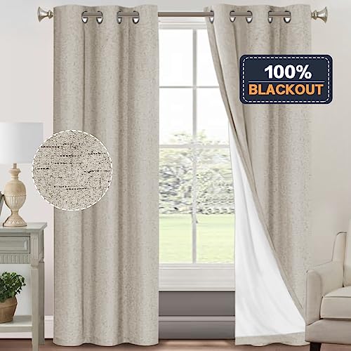 Image of PrinceDeco 100% Blackout Curtains for Bedroom 84 Inches Long Linen Blackout Thermal Drapes Privacy Protection Room Darkening Window Curtain with White Liner, 2 Panels Set, W42 X L84,Stone