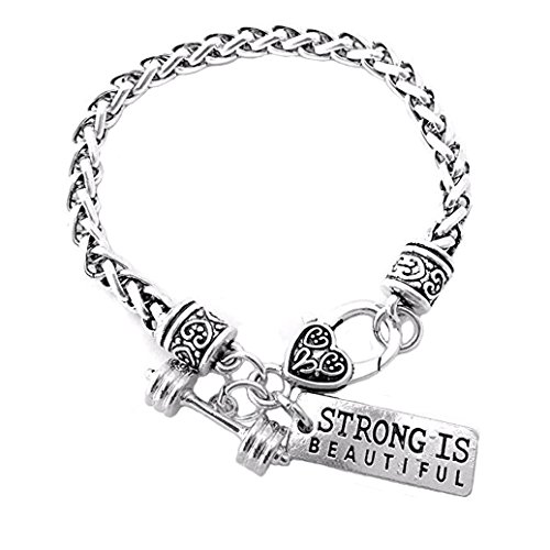 HuiLin Jewelry Training Weight Lifting Dumbell Barbell Silver Charm Bracelet Strong is Beautiful