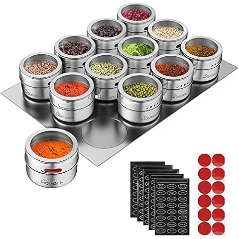 HOMGEN Gewürzgläser 12 Stücke Magnetisch Gewürzdosen Set Rund Gerinder Edelstahl Gewürzstreuer 100 ml Gewürzbehälter Cover