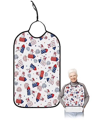 Kewadony Adult Bibs for Elderly Women - 4th of July Waterproof Dining Clothing Protectors with Crumb Catcher for Eating/Feeding, Patriotic Gnomes Fireworks Filling Independence Day Terry Cloth Bib