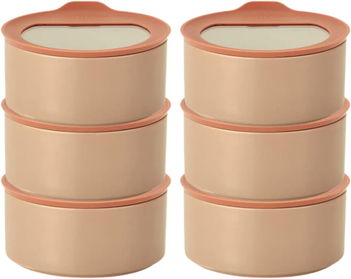 6 Set FIKA One Kitchen Ceramic Round Food Container Set with Glass Lid, Porcelain Prep, Mixing & Serving Bowls, Microwave, Oven & Dishwasher Safe Storage, Home Deco Canister (600ml / 0.63qt / 20oz)