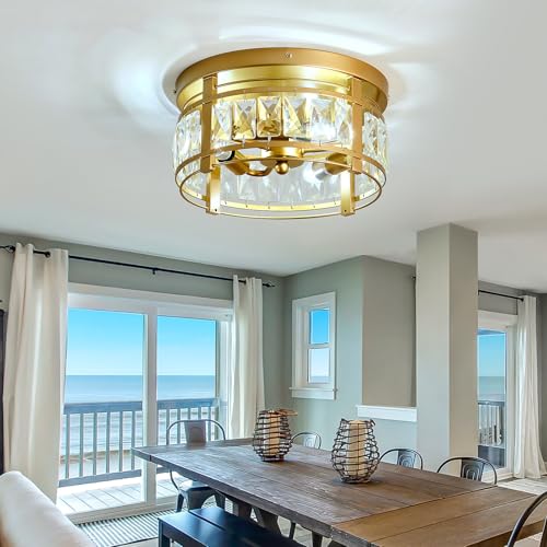 Image of Modern Crystal Ceiling Light Fixture 3 Lights Mini Flush Mount Chandelier Gold Cage Round Ceiling Light for Foyer Hallway Dining Room Living Room Bedroom