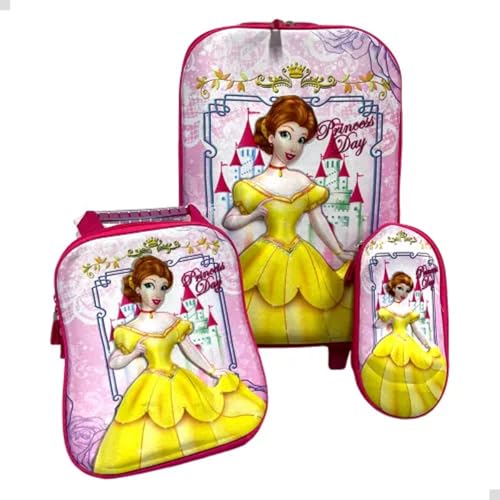 Kit De Mochila Escolar Infantil Princesa Bela Adormecida 3D Com Rodinha Tripla Em Silicone Acompanha Lancheira E Estojo Resistente Impermeável