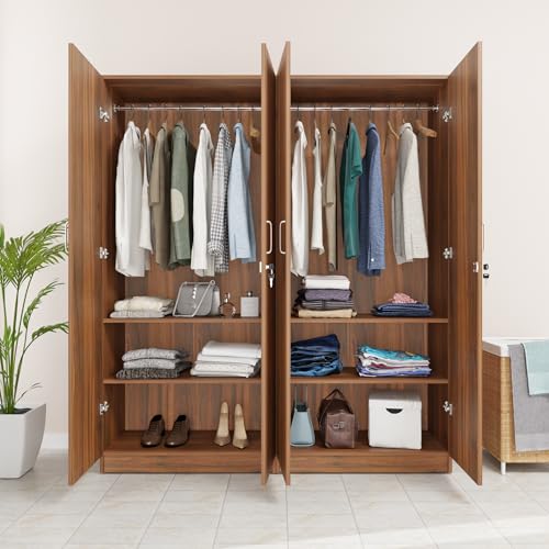 Image of VIKI Wardrobe | Wooden Almirah for 4 Door with Shelves & 2 Hanging Space Wardrobe (Brussel Walnut - 40D x 160W x 180.8H) | 1 Year Warranty | Free Assembly