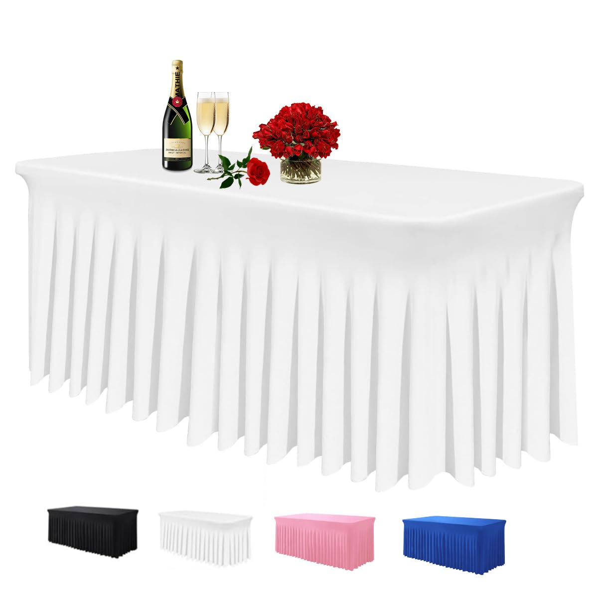 Table Skirts for Rectangle Tables 6ft, Spandex Table Covers for 6 Foot Tables, Wrinkle Resistant Ruffles Elastic Table Cloths for Banquets, Weddings, Parties(White, 6ft 1Pack)