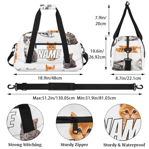 Custom Cute Cat Duffel Bag for Women Men, Personalized Kitten Animal Sport Gym Duffel Bag with Name Travel Weekender Overnight Bags2