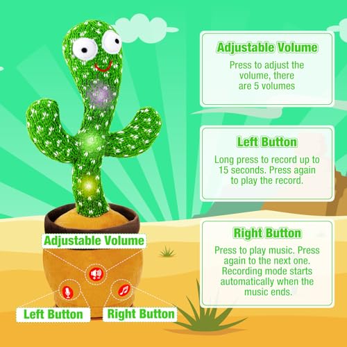 Image of Ayeboovi Baby Toys Dancing Talking Cactus, Volume Adjustable Mimicking Recording Cactus Toy Repeats What You Say, Toddler Toys Singing Cactus with 120 Songs, Tummy Time Toys for Kids Boys Girls