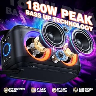 W-KING Party Bluetooth Speaker Boom Box, 180W Max Big Large Loudest Wireless Outdoor Portable Speaker 4 Drivers with 2*4.04'' Subwoofer, 80W HD Huge 105dB Pulse Natur Deep Bass, IPX5/24H/EQ/USB/TF/AUX