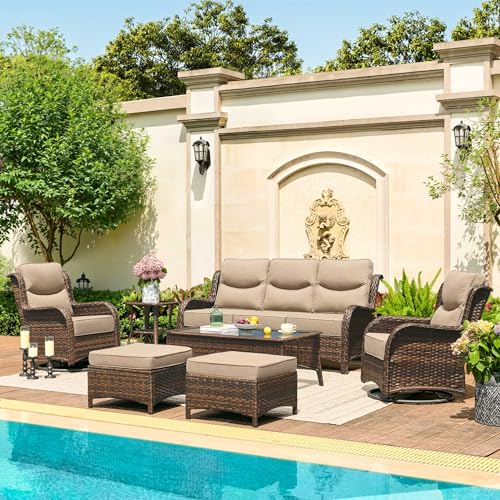 HILLGA Luxury Patio Furniture Set with 6-inch Thick Cushion, Outdoor Couch and High Back Swivel Rocker Patio Chairs, 7PCS Wicker Conversation Set for Deck Yard and Poolside, Beige (V2)