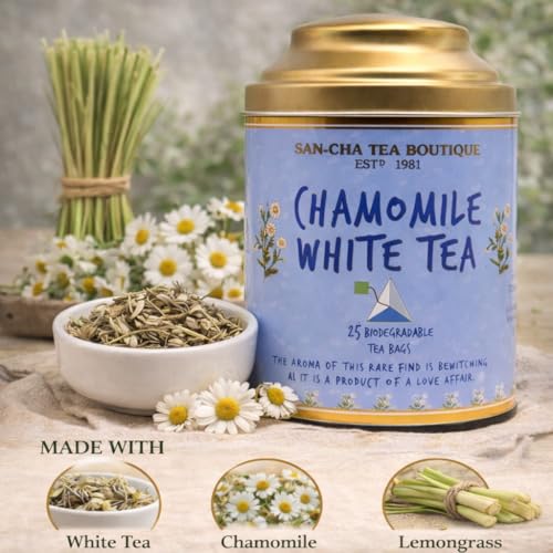 Image of Sancha Chamomile White Tea | 25 Pyramid Bags | Silver Needle & White Peony White Tea Blend | Antioxidant-Rich