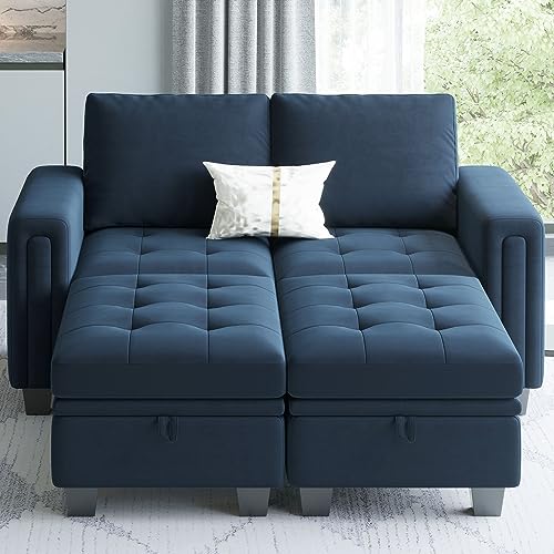 Belffin Velvet Modular Sectional Sofa Couch with Storage Convertible Sectional Sleeper Sofa Couch Bed Set with Reversible Chaise Blue Sleeper sofa-2 B