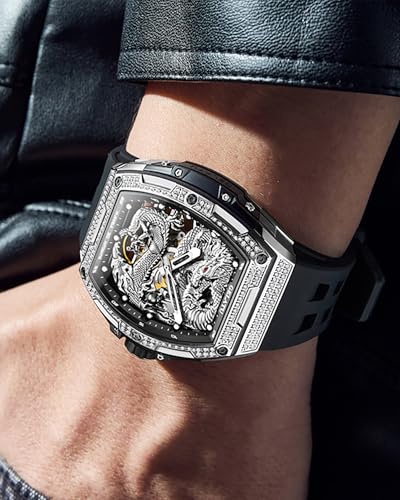 Image of OLEVS Automatic Watch for Men 44MM Large Dial Frosted Gold Octagon Self-Winding Diamond Waterproof Stainless Steel Wrist Watches Tourbillon Skeleton Mechanical