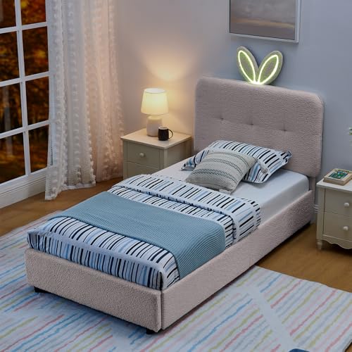 Image of Twin Led Bed Frame with 4 Storage Drawer, Upholstered Platform Floor Bed with Rabbit Ear Headboard Daybed Strong Wooden Slats No Box Spring Needed for Kids Girls Boys, Pink