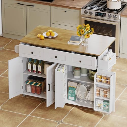 Oslghy Isla de Cocina Móvil con 5 Ruedas, Armario Carro de Cocina con Mesa de Comedor Abatibles, Multifuncional Mueble Auxiliar con 4 Puertas y 3 Cajones, Estilo Granero, 140x43(70) x90.5cm (Blanco)
